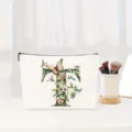 Floral Letter T Cosmetic Bag Bridesmaid Gift Makeup Pouch Portable Storage Organizer - Letter T