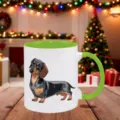 Ceramic coffee mug featuring cute dachshund design, green handle and rim, festive holiday decor. - 350ml / Green