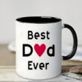 Detail de tasse a cafe en ceramique avec impression Best Dad Ever, poignee et interieur noirs. - Bord Noir