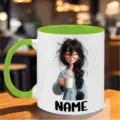 Vista dettagliata della tazza da caffè in ceramica personalizzata con stampa e manico. - Verde