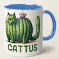 Ceramic coffee mug featuring a funny cactus cat design, blue handle, unique holiday gift. - 350ml / Blue