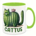 Ceramic cactus cat coffee mug detail view, funny animal plant illustration cup, holiday gift. - 350ml / Green