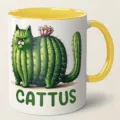 Close-up of ceramic coffee mug featuring funny cactus cat illustration and yellow handle. - 350ml / Yellow