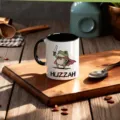 Ceramic coffee mug with cute frog knight cartoon illustration and huzzah text print. - 09-Cloaked Frog