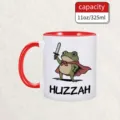 Ceramic coffee mug with funny sword-wielding frog design, 11oz capacity, red accent detail. - 08-Frog Knight