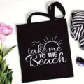 Black canvas tote bag with beach print, casual shoulder bag for daily commute and school. - Style 9