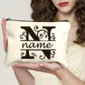 Trousse de maquillage en toile personnalisée lettre N pochette cosmétique portable chic - Lettre N