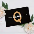 Customized letter Q floral canvas makeup pouch, elegant black cosmetic bag for daily use. - Letter Q