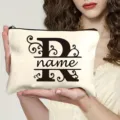Trousse de maquillage personnalisée en toile avec fermeture éclair et lettre monogramme - Lettre R