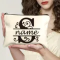 Trousse de maquillage en toile personnalisée avec lettre S et nom, pochette zippée portable. - S