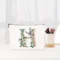 White canvas cosmetic bag with watercolor floral letter H design, elegant makeup pouch for travel - Letter H