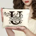 Sac de maquillage en toile personnalise avec un design monogramme lettre U vintage. - Lettre U