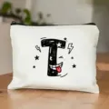 Cosmetische tas bedrukt met alfabet en schattig cartoon letter design en handige rits. - Letter T Stijl
