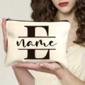 Custom monogram canvas makeup bag with zipper, personalized letter cosmetic pouch for women. - Letter E