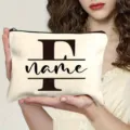 Custom letter canvas cosmetic bag detail view, personalized makeup pouch zipper storage. - Letter F