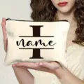 Custom letter canvas makeup bag detail, personalized monogram cosmetic pouch zipper bag. - Letter I