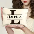 Customized canvas makeup bag with personalized letter name design, portable zipper pouch. - L