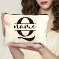 Close-up detail shot of personalized canvas cosmetic bag featuring custom alphabet letter design. - Letter Q