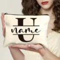 Custom canvas cosmetic bag with personalized letter U design, portable makeup pouch for women. - Letter U
