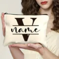 Custom monogram canvas makeup bag with zipper, personalized name cosmetic pouch for travel. - Letter V