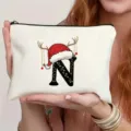 Weihnachten Buchstabe N Leinwand Kosmetiktasche, festliche Rentiermütze Make-up-Etui. - Buchstabe N