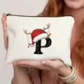 Weihnachts-Anfangsbuchstaben-Leinen-Kosmetiktasche mit süßem Rentiergeweih-Design und Reißverschluss. - Buchstabe P