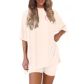 Casual loose solid color short sleeve top and shorts two-piece set for women summer wear. - Milky White