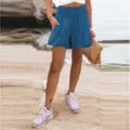 Damen hohe Taille elastische Freizeithorts einfarbig lose weite Beine Strand Shorts - S / Unterteile / Blau