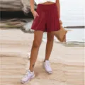 Pantaloncini donna vita alta elastici tinta unita gamba larga casual estate mare - Taglia S / Pantaloni e gonne / Borgogna