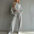Solid color casual crop sweatshirt and wide leg pants lounge set for autumn daily wear - Light Gray