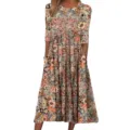 Floral print loose casual midi dress with round neck and pockets for women daily wear style. - S / Multicolor