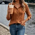 Damen langarm kapuze stricktop einfarbig knopf strickjacke freizeit herbst mode kleidung - S / Schokoladenbraun