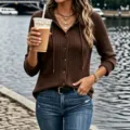 Damen braun gerippter Strick Hoodie Langarm Knopfleiste Cardigan Oberteil Freizeitmode - S / Kaffeebraun