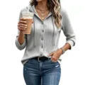 Women ribbed knit hooded cardigan button long sleeve top casual stylish everyday wear - Gray