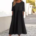 Casual black linen maxi dress detail, relaxed fit half sleeve design for daily summer wear. - S / Black