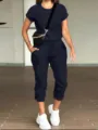 Women casual solid color short sleeve t-shirt and jogger pants set with pockets for daily wear. - Navy Blue