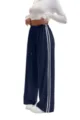 Women's casual wide leg sweatpants navy blue with white side stripes and drawstring waist detail. - Dark Blue