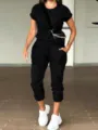 Lässiges Damen Einfarbiges Kurzarm-Oberteil und Taschen-Jogginghosen-Set für den Alltag. - S / Set / Schwarz