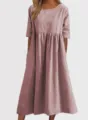Detalles del vestido maxi informal de lino liso holgado con bolsillos y mangas medias. - Rosa