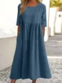 Vestido midi informal de algodón y lino liso holgado con bolsillos y manga corta. - Verde azulado
