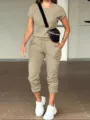 Solid color casual women's two-piece set featuring a short sleeve t-shirt and jogger pants. - Camel