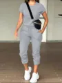 Freizeit Set mit einfarbigem Rundhals Kurzarmtop und Hosentasche Jogger fuer Damen. - 2XL / Set / Grau