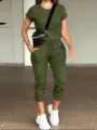 Womens casual solid color short sleeve top and jogger pants set with pockets daily wear. - Army Green