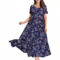 Lockeres Damen Maxikleid mit Blumenmuster, komfortables Sommer Strandkleid mit kurzen Ärmeln. - XS / Dunkelblau
