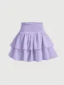 Detalle de minifalda escalonada con volantes en lavanda, cintura alta elástica, estilo. - S / Púrpura
