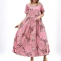 Summer casual floral print tiered maxi dress with short sleeves and comfortable loose fit for women. - Pink