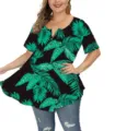Plus size V-neck short sleeve button blouse with green leaf print, casual summer daily wear. - Black Green Floral