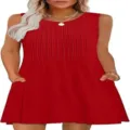 Elegantes Damen Freizeit Rundhals Plissee Ärmellos Mini Kleid Mit Taschen Rot Neu - S / Kleider / Rot