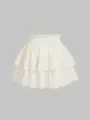 Falda mini de volantes escalonados lisa con cintura alta elástica, estilo ballet dulce y acampanada. - S / Albaricoque