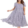 Details of purple floral short sleeve tiered maxi dress for women summer beach casual wear. - Light Purple